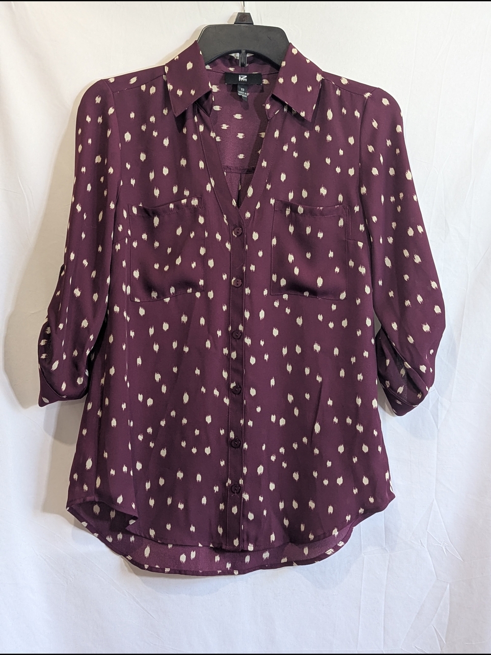 IZ Byer Burgundy Abstract Print Button Front Roll Tab Sleeve Blouse XS